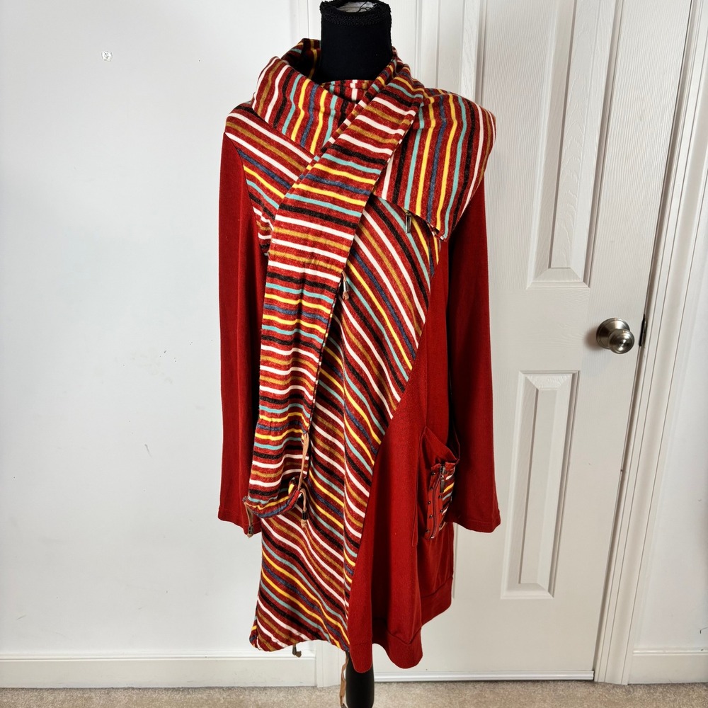 Viola Red Striped Tunic Dress Long Sleeve with Scarf Studded Zipper EU 52 US L‎